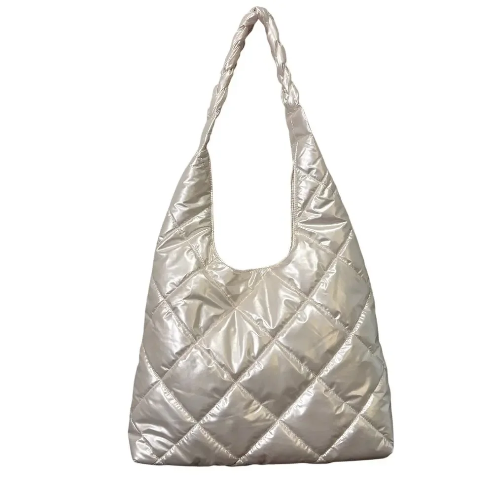 House of Harlow 1960 Euphoria Pearl White Quilted Puffer Slouchy Hobo Bag